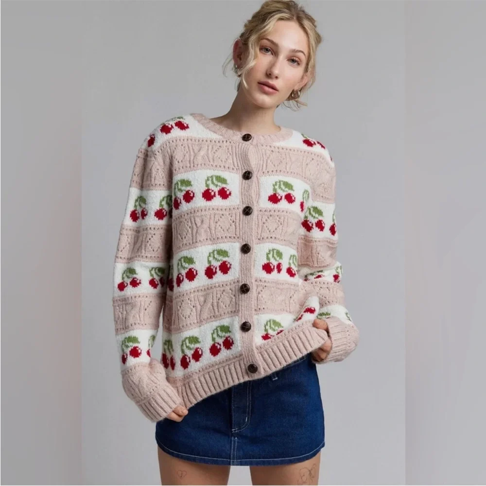 Urban Outfitters Kimchi Blue Cherry Print Knit Cardigan - Picture 1 of 7